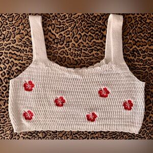 Wild Fable Cream Knit Crop Top with Red Floral Embroidery